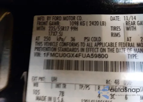 2015 Ford Escape Se из США, поврежденный, VIN 1FMCU0GX4FUA59800